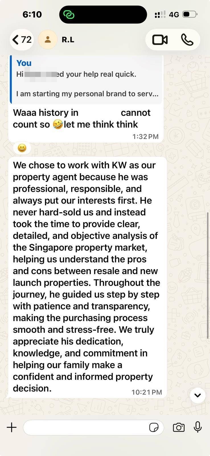 Detailed client review praising Kaywee's professional, objective property advice